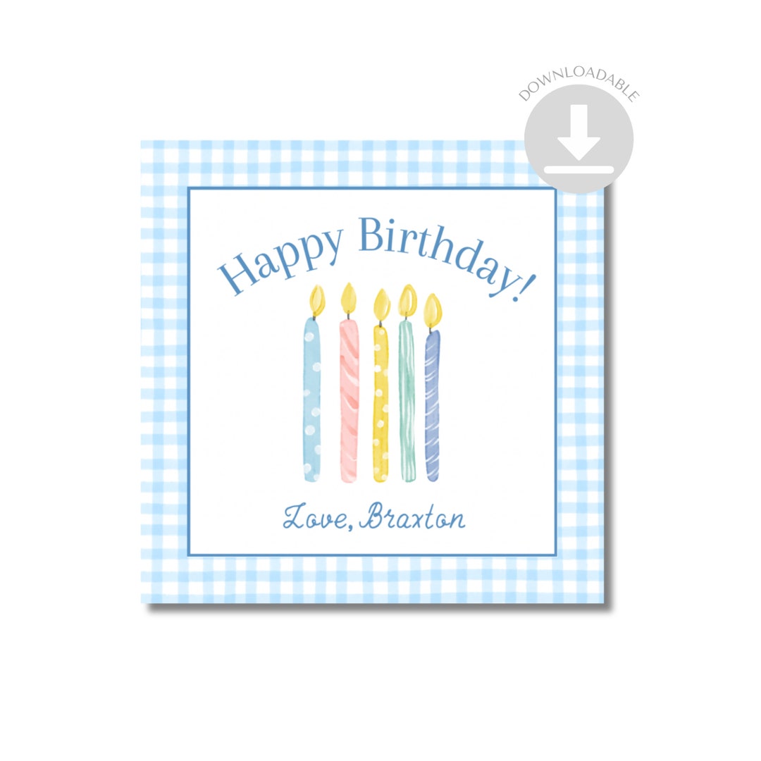 Printable Happy Birthday Gift Tag / Blue Gingham Birthday Candles - Etsy