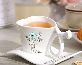 Custom Birth Month Flower Mug, Personalized Engraved Coffee Mug with Saucer, Ceramic Tea Cup Set, New Grandma's Mug, Mother's Day Gift
