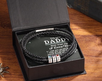 Personalized Leather Bracelet,Daddy Bracelet,Custom Birthstone Inside Beads,Engraved Bracelet,Handmade Jewelry for Fathers Day,Gift for Dad