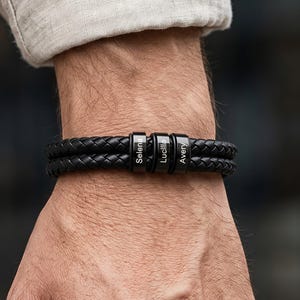 Personalized Braided Leather Bracelet for Men, Engraved Bead Bracelet with Family Name, Daddy Jewelry, Fathers Day Gifts, dad gift from kids