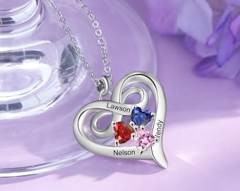 Personalised Family Necklace for Mum,Custom 3 Birthstones Heart Name Pendant,Mother's Day Gift for Wife,Grandma,Nan,Nana