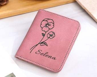 Porte-monnaie personnalisé en cuir rose, porte-monnaie personnalisé avec fleur de naissance et nom pour femme, cadeau de demoiselle d'honneur, cadeau de voyage, cadeau de Noël pour elle