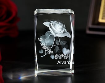 Personalized Flower Crystal,Rose Photo inside 3D Crystal,Custom Name Crystal,Tabletop Decor,Home Decor Gift for Mum,Mother's Day Gift