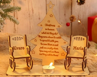 Puede incluir: Adorno navideño de madera con un árbol, dos mecedoras y una vela. El árbol tiene el texto "Christmas in heaven" y un poema. Las sillas están etiquetadas como "Alvaro" y "Maria".