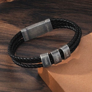 Pulsera de cuero personalizada para hombre, pulsera de cuerda para hombre, pulsera de cuentas con nombre personalizado, regalo para papá, pulsera de recuerdo familiar