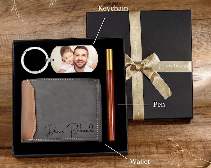 Custom Gift Set for Men,Personalized Engraved Leather Wallet,Photo Keyring,Pen,with Box Gift Set for Fathers Day,Daddy Gift,Gift for Grandpa
