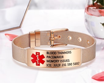 Stainless Steel Medical Alert Bracelet for Women, Womens Medical ID Bracelet, Emergency Bracelet,Medical Allergy, ICE Engraved Bracelet