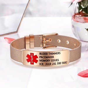 Bracelet d'alerte médicale en acier inoxydable pour femme, bracelet d'identification médicale pour femme, bracelet d'urgence, allergie médicale, bracelet gravé ICE