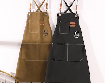 Personalized Canvas Apron for Men, Custom Name Canvas Workshop Apron, Barista Apron, Kitchen Apron with Pockets, Chef Apron