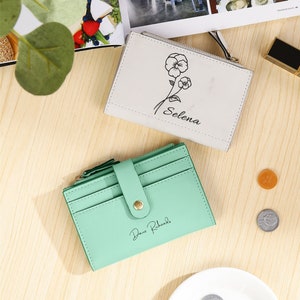 Cartera personalizada con nombre de flor de nacimiento, carteras de cuero para mujer, tarjetero, monedero, cartera de cuero personalizada, regalo para mamá y abuela.