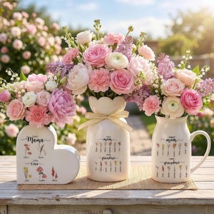 Custom First Mom Now Grandma Vase,Personalized Grandma's Garden Ceramic Vase with Grandkids Names,Mother's Day Gift for Nana Mimi Granny