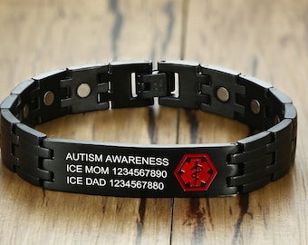 男性用メディカルアラートブレスレット、カスタムステンレススチール製メディカルIDブレスレット、パーソナライズされたアレルギーブレスレット