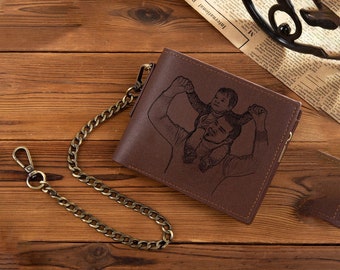 Portefeuille en cuir pour homme personnalisé, portefeuille photo avec nom gravé personnalisé pour lui, portefeuille en cuir avec chaîne, cadeau de fête des pères, cadeau pour papa, mari