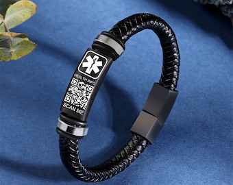 QR Code Medical Alert Leather Bracelets for Men,Personalized Engraving Jewelry Emergency Contact SOS,Mens Medical ID Waterproof Bracelet