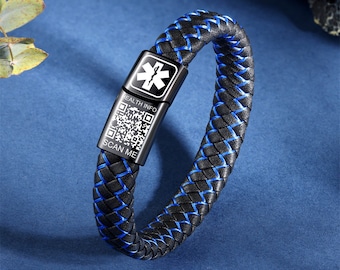 QR Code Medical Alert Leather Bracelets for Men, Personalized Stainless Steel ID Medical Alert Bracelets, Custom Medical ID Bracelet