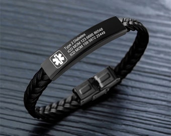 Pulsera de alerta médica de cuero para hombre, pulsera médica ICE personalizada con dije de alerta médica, pulsera de identificación médica para hombre