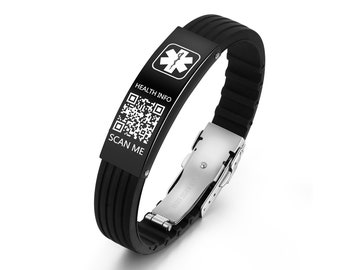 QR Code Medical Alert Bracelets for Men, Waterproof Personalized Allergy Bracelet with Medical Information