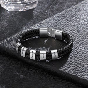 Pulsera de cuero personalizada para papá, pulsera con nombre de hombre grabado con cuentas, joyería hecha a mano personalizada para el día del padre, regalo para el abuelo