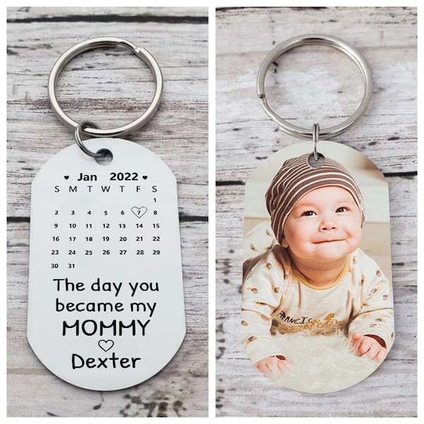 Personalized Photo Keychain,Picture Keychain,The Day You Become My Mommy,Custom Date Keychain for Mom,Mothers day Gifts,Anniversary Gift