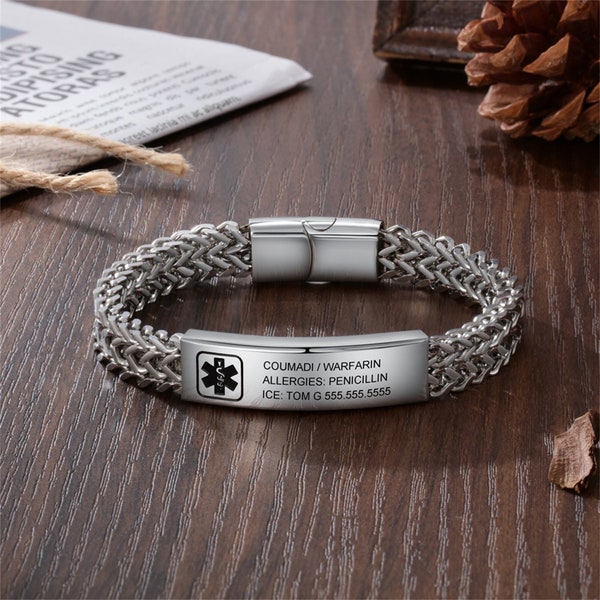 Medical Alert Bracelet for Men Custom Stainless Steel Medical Bracelet Engraved Bracelet with Symptom Information