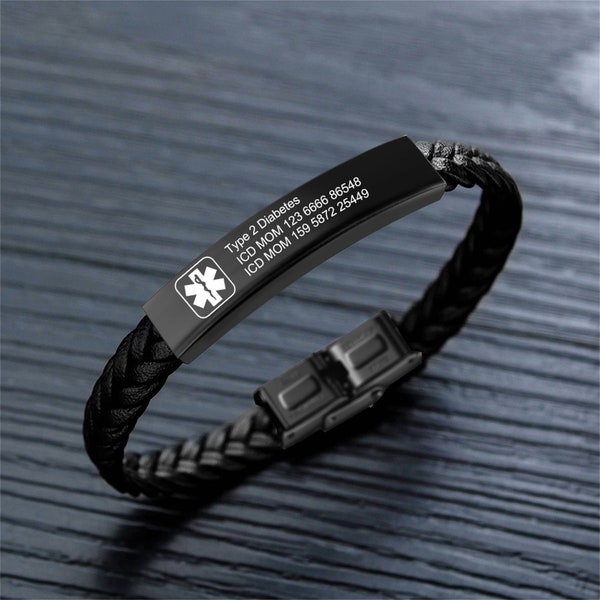 Leather Medical Alert Bracelet for Men, Personalized Medical ICE Bracelet with Mediacl Alert Charm, Mens Medical ID Bracelet