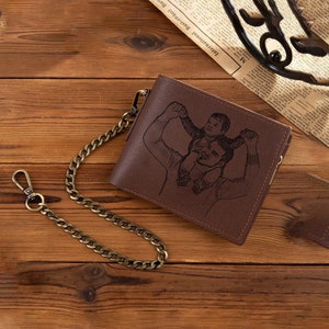 Cartera de cuero personalizada para hombre, cartera con foto personalizada para él, cartera de cuero grabada con cadena, regalo del día del padre, regalo de Navidad para el esposo