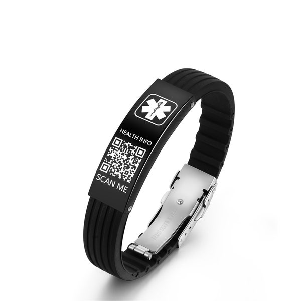 Bracelets d'alerte médicale QR code pour homme, bracelet d'allergie personnalisé étanche avec informations médicales