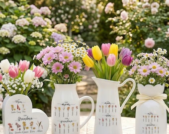 First Mom Now Grandma Personalized Vase, Custom Name Birth Flower Bouquet Vase, Nana Birthday Gift, Unique Mothers Day Gift for Grandma