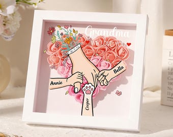 Personalized Rose Heart Shadow Box, Hand Holding Frame with Kids Names, Mothers Day Gift for Mommy,Mama,Grandma,Nana,Gigi,Mimi