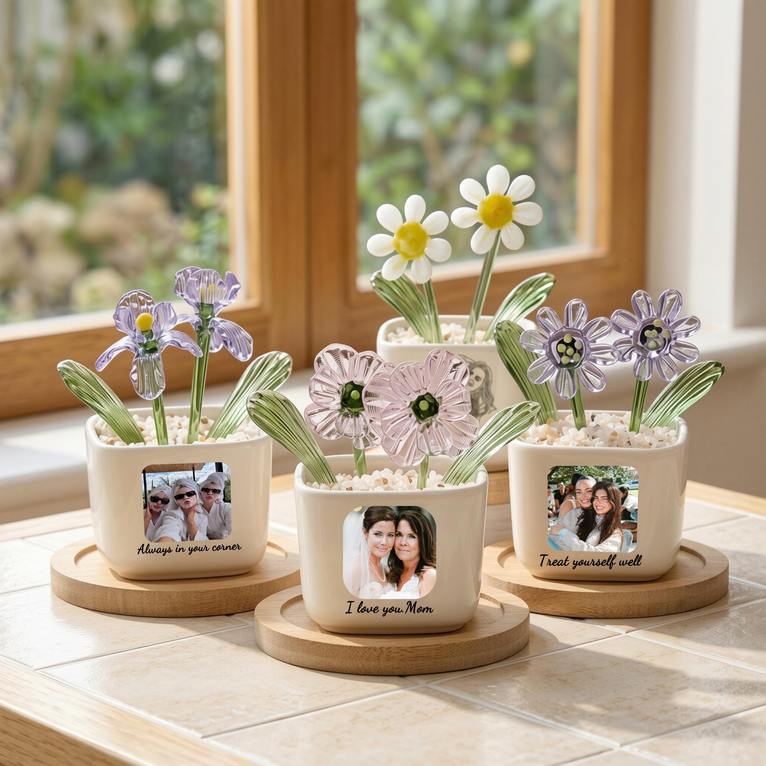 Personalized Photo Glass Flower Pot, Custom Hand Blown Glass Birth Flower, Photo Gifts for Best Friend, Birthday Gift for Her, Mom, Grandma