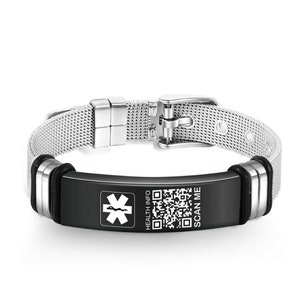 May include: A silver metal bracelet with a black band that has a medical symbol, a QR code, and the text "HEALTH INFO" and "SCAN ME".
