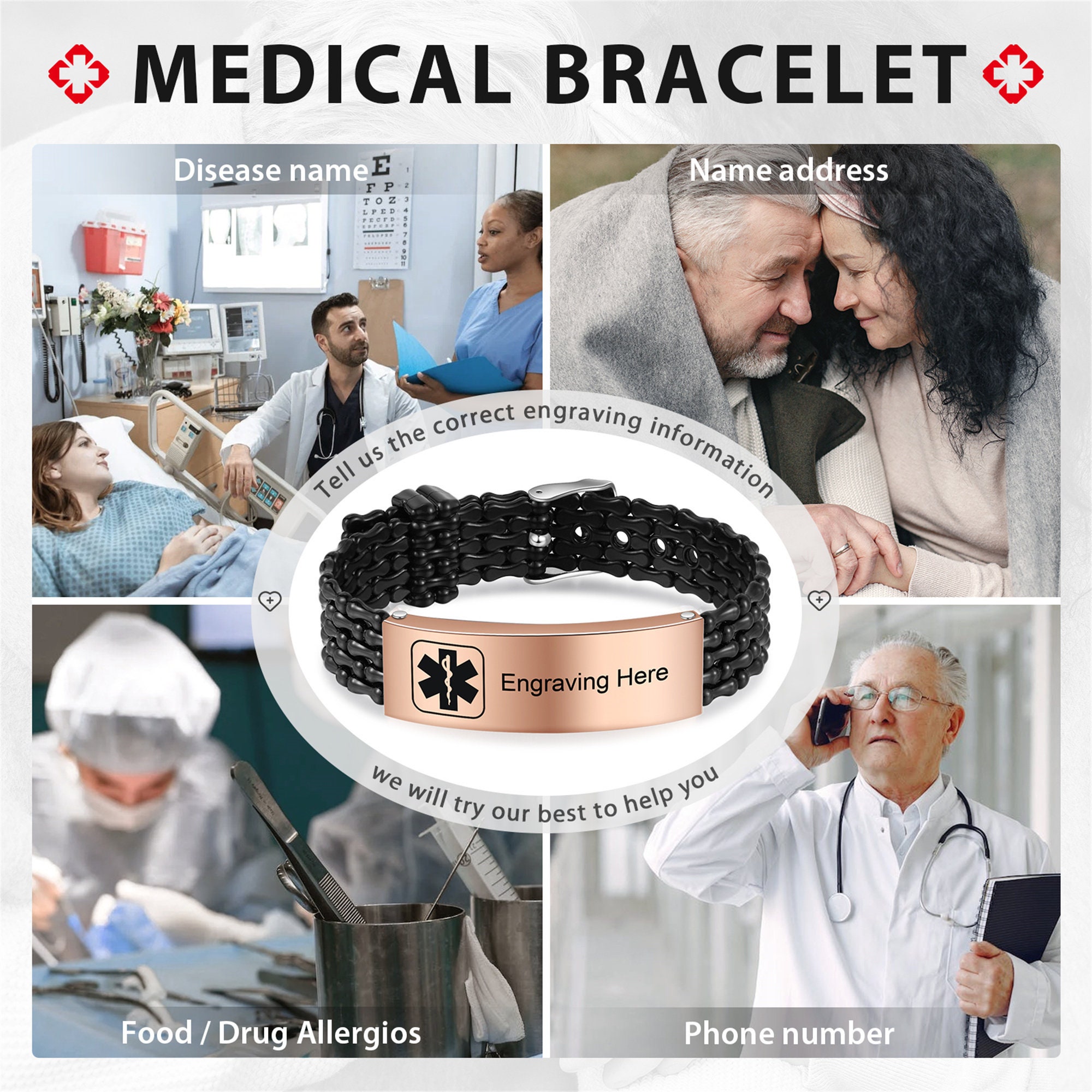 Adjustable Medical Alert Bracelets Stainless Steel Waterproof Etsy