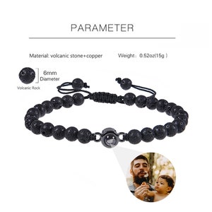 Lava Stone Mens Photo Bracelet, Photo Projection Bracelets for Women, Photo Bead bracelet, Beaded Bracelet with Picture inside for Husband Volcanic Stone