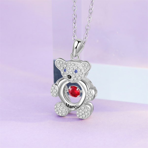 Personalized Baby Bear Necklace for Women, Custom Birthstone Necklace for Her Gift, Mom Necklace for Mothers' Day Gift