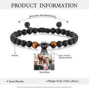 Lava Stone Mens Photo Bracelet, Photo Projection Bracelets for Women, Photo Bead bracelet, Beaded Bracelet with Picture inside for Husband Obsidian