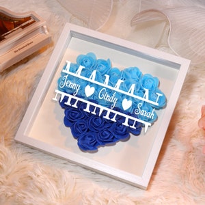 Personalized Flower Heart Shadow Box for Mom,Roses Shadowbox with Names,Custom Frame Gift for Mother's Day,Gift for Mom and Grandma Nana Blue