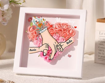 Personalized Rose Heart Shadow Box, Hand Holding Frame with Kids Names, Mothers Day Gift for Mommy,Grandma,Nana,Granny