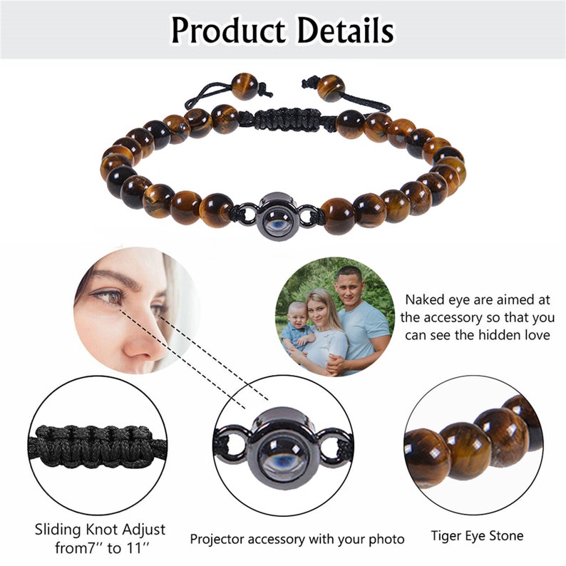 Lava Stone Mens Photo Bracelet, Photo Projection Bracelets for Women, Photo Bead bracelet, Beaded Bracelet with Picture inside for Husband image 7