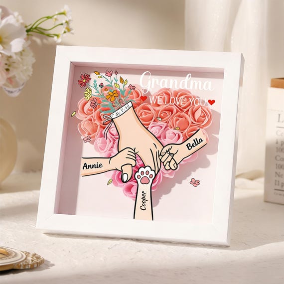Personalized Rose Heart Shadow Box, Hand Holding Frame with Kids Names, Mothers Day Gift for Mommy,Mama,Grandma,Nana,Gigi,Mimi