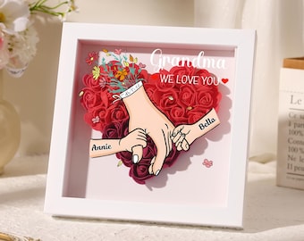 Personalized Holding Hands Flower Shadow Box, Rose Frame With Grandkids Names, Mothers Day Gift for Grandma, Grams, Nana, Nonna Gift