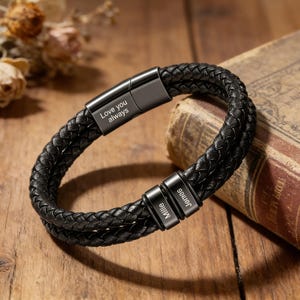 Personalized Braided Leather Bracelet for Men, Engraved Beads with Kid's Names, Custom Mens Jewelry, Father's Day, Husband Gifts