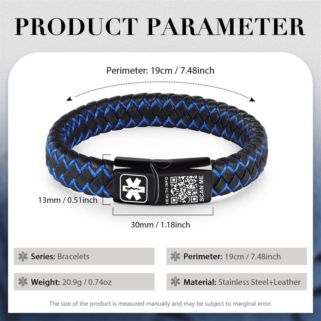 Braccialetto Di Allerta Medica Personalizzato In Acciaio Inox Con Perline Di Agata E Pelle PU - Incisione Laser E QR Code, Regalo Pratico Ed Elegante