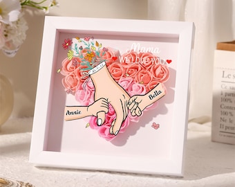 Boîte personnalisée d'ombres de fleurs, cadre rose tenant la main avec noms d'enfants, cadeau de fête des mères pour maman, cadeau pour grand-mère, grand-mère, Gigi