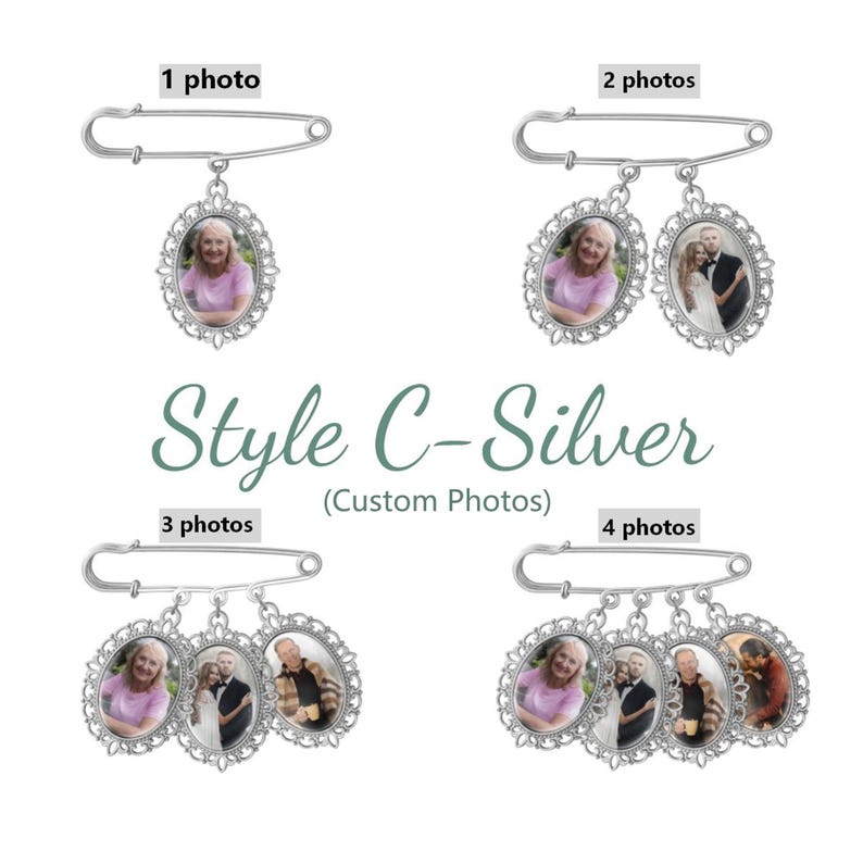 May include: Silver-toned safety pins featuring oval-shaped filigree frames for custom photos. The display shows options for one, two, three, or four photo charms hanging from the pin. The text Style C-Silver (Custom Photos) is centered.