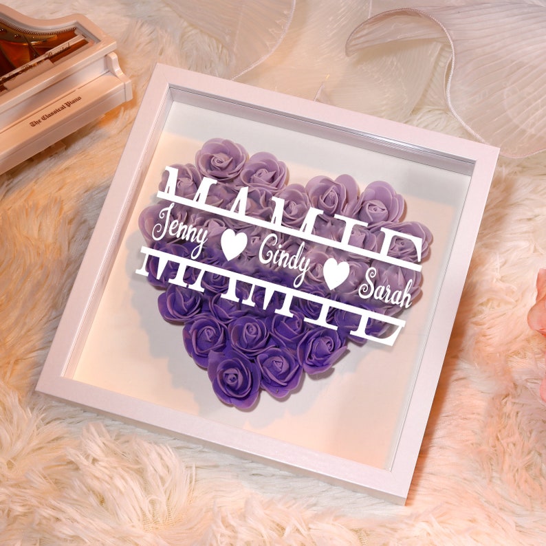 Personalized Flower Heart Shadow Box for Mom,Roses Shadowbox with Names,Custom Frame Gift for Mother's Day,Gift for Mom and Grandma Nana Purple