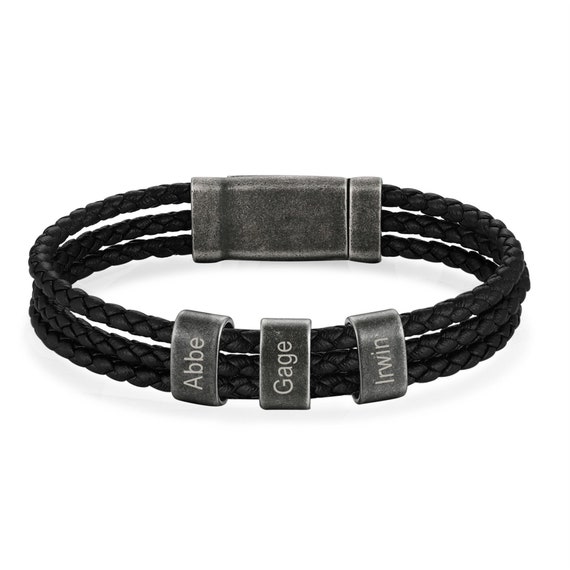 Forge & Foundry Bracciale Uomo In Vera Pelle Intrecciata - Chiusura In Acciaio Inox Nero Opaco Inciso - Design Hannover - Personalizzato - 4