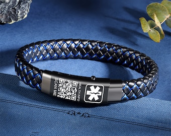 QR-Code Medizinischer Alarm Lederarmbänder für Männer, personalisierte Edelstahl ID Medizinischer Alarm Armschmuck, Herren Medizinisches ID Armband