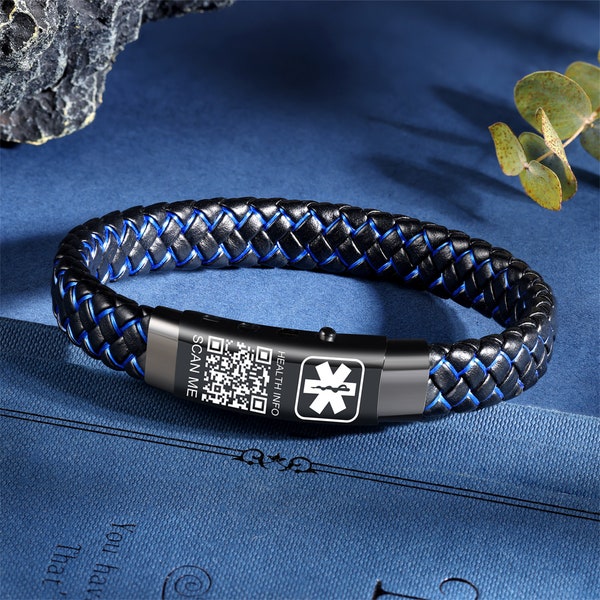 QR Code Medical Alert Leather Bracelets for Men, Personalized Stainless Steel ID Medical Alert Bracelets, Mens Medical ID Bracelet