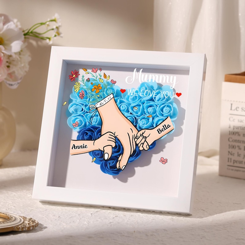 Personalized Flower Shadow Box, Holding Hands Rose Frame With Kids Names, Mother's Day Gift for Mom, Gift for Grandma, Nana, Gigi image 10