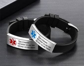 Adjustable Medical Alert Bracelet Silicone Waterproof Medical ID Bracelets for Men Women Emergency Contact